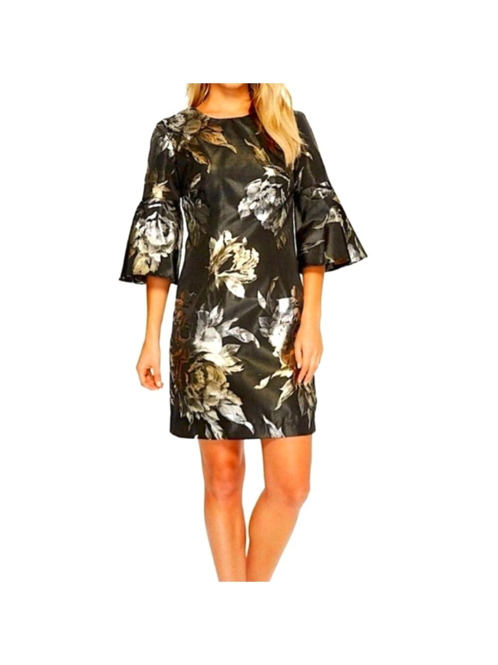 NWT Trina Turk Rachelle Metallic Jacquard Bell Sleeve Sheath Dress, Size 0